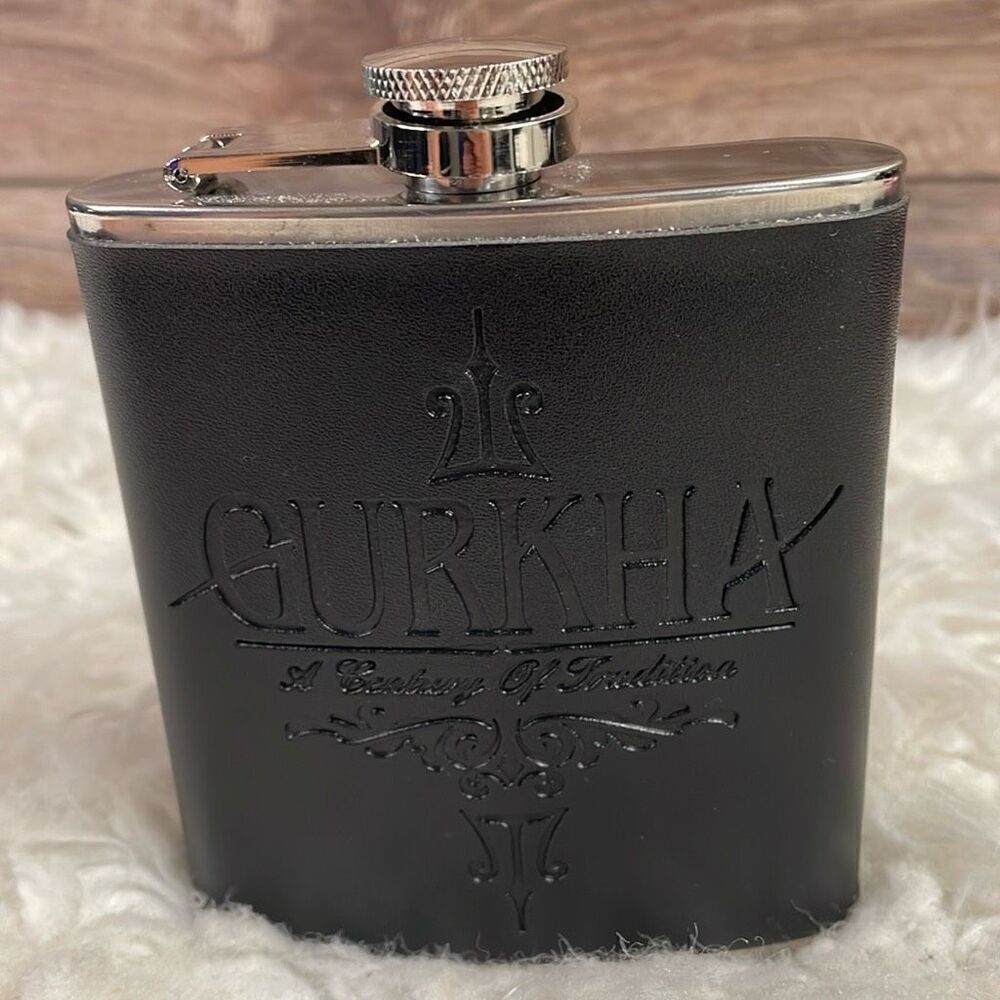 GURKHA SILVER HIP FLASK COVERED IN BLACK EMBOSSED LEATHER SLEEVE 4 1/2” Tall